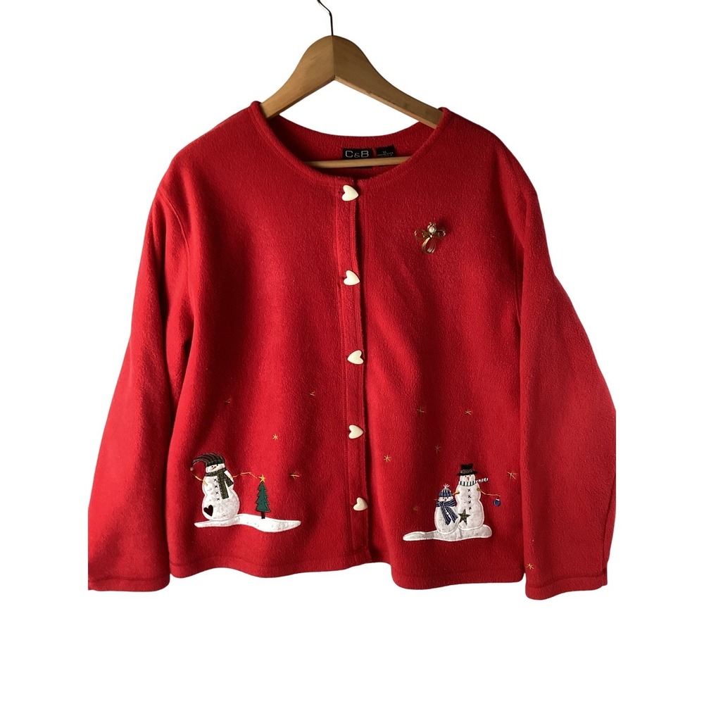 Red Christmas Cardigan Sweater Snowman Embroidered Buttons Size XL